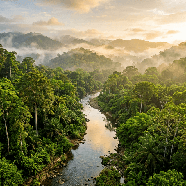 Aerial view of the pristine tropical rainforest and winding river of River Gee County, Liberia